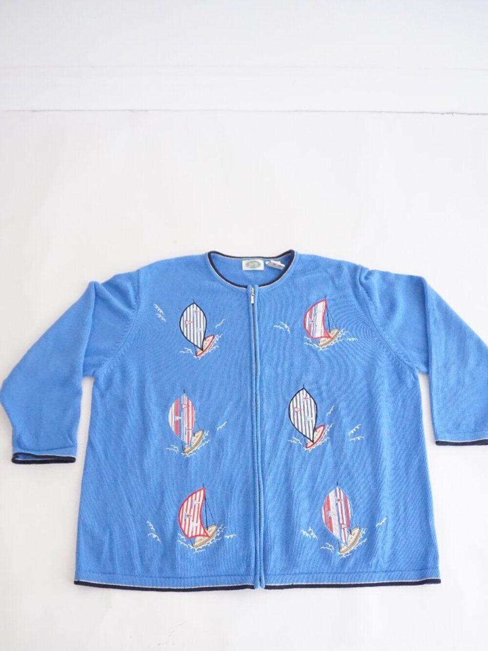 Vintage Tabi Sky Blue Sailboat Nautical Embroidered Coastal Resort Cardigan 4X
